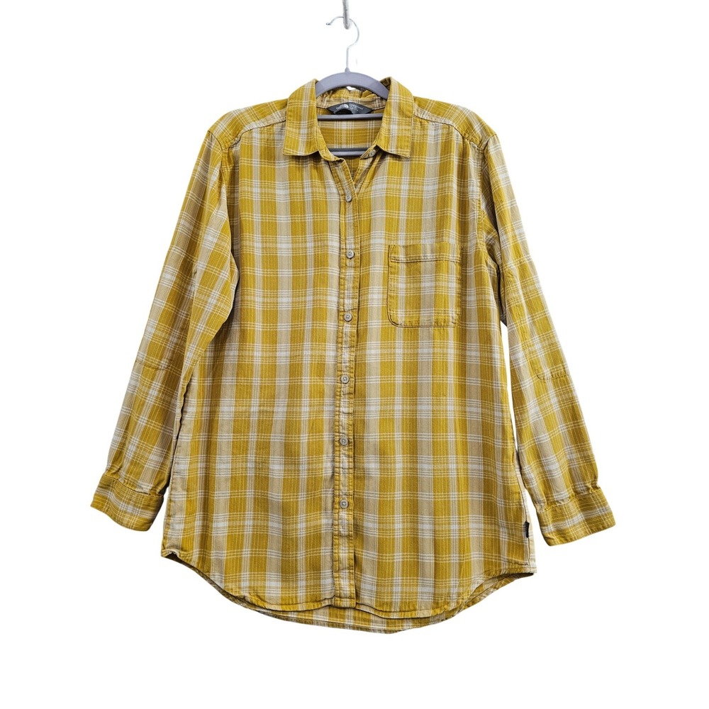 The North Face Button Down Womens M Yellow Plaid Cotton Tencel Flannel Shirt EUC